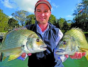 Kev Attard displays a couple of the kicker bream that shot him up the leader board from 13th place on Day 1 to win the Ugly Fish event.