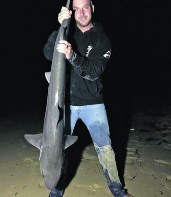 Justin Blythe displays is cracking gummy shark taken from the beach near Balnarring. Photo courtesy of Justin Blythe.