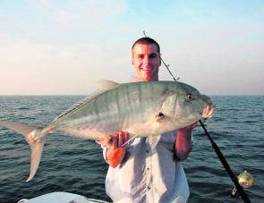 A decent trevally jigged up from an inshore wreck near South Bedford on a Bozo in red and white.