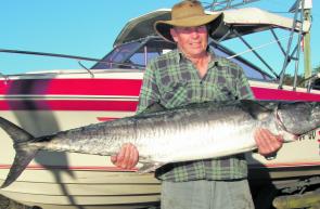 We said last month the mackerel were going to get bigger. Here’s Queensland visitor David Beel, of Burrum River, with 34.6kg of Evans Head Spanish that had half a fair-sized spotted mackerel in its stomach, yet still took the small live yellowtail bait.