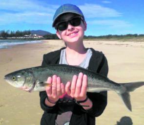 Harriet Adams, of Wollongong, with a beach salmon that gave her a solid workout. They’re on local beaches now but renewed commercial pressure means the numbers might be lower as they’re netted for trap bait.