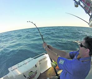 Big Mick from West Wyalong toughs it out on his first marlin with stand-up gear. 