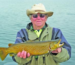 Brian Nygaard’s Lake Elingamite brown trout of 3kg caught on mudeye under a float.