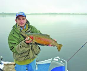 Shane Stevens’ 3.2kg Lake Elingamite Rainbow trout, also taken on mudeye fished under a float. Photo courtesy Brian Nygaard.