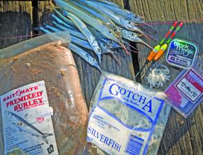 The author’s chosen garfish essentials, berley, bait and the right terminals.
