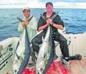 Andrew Page and Tony Greige with the results of a double hook-up on 60kg southern bluefin tuna near Browns Mountain.