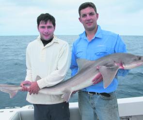 Braeton and Ollie with a 22kg gummy shark caught on graphite soft plastics rod meant for a flattie. Good effort boys!