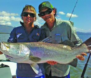 Trent Palmer and Simon Orford with Trent’s PB winter barra.