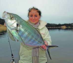 Now that is a massive trevally – Celeste Chapman displays a terrific silver trevally.