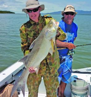 Gavin with one of seven big fish that were caught during a hot bite – during the trip all anglers on board joined the 1m barra and 1m threadfin club. 