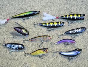 Ten topwater lures that the author rates very highly for bass. From left: top row, Lucky Craft Gunfish75, Lucky Craft Sammy 65, Lucky Craft G-Splash 65; middle row Megabass Siglett, Ecogear PX55, Viking Pop ’n’ Crank, Maria Pencil; bottom row Heddon Torpe