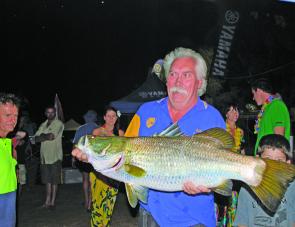 Bob Dover with his 12.04kg, 1m monster barramundi that took out the heaviest barra prize.