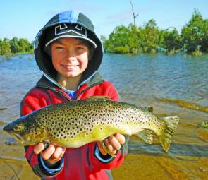 Nathan Ward with a 1.8kg Lake Fyans brown trout – this is what brings anglers large distances to this wonderful lake. Photo courtesy Linda Ward.