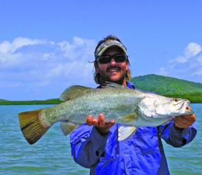 Shane Miller with a 75cm+ barra caught on a Reidy’s B52 in bleeding mullet colour, at the mouth of the Annan River.