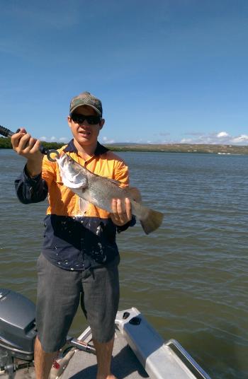 Javier caught and released a small barra from Elim Beach. 
