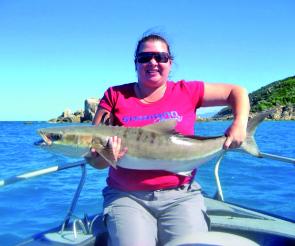 Tracy James, a newly arrived local to Cairns, was happy with this lovely cobia she caught near Fitzroy Island while out mackerel fishing recently with Kerry Bailey.