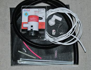 You will need a quality bilge pump of at least 250GPH (the author opted for 500GPH pump with 19mm outlet for faster drainage), two stainless steel hose clamps, around 1.5m of 3/4” spiral bilge hose, some fly screen (enough to cover the pump), a 19mm 90° s