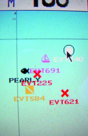 Note the main mark in black named ‘pearly’. The ground under the white mark, which is arrowed, is shown on the sounder.