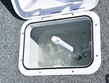 The small live bait tank (30L) in the rear casting deck comes with a standpipe that you can cut to suit the height of water you want in the well.
