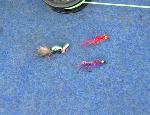 The Gartside Gurgler (left) is a dry fly that is ideal for early morning surface fishing. The two Vampire wet flies are best used for deep water work,