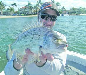 Winter is big bream time on the Gold Coast. Mick Horn caught this cracker in shallow water on a Lucky Craft Bevy Crank.