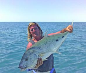 Matt Bampton from Impact Charters caught this GT whilst jigging out from Yeppoon