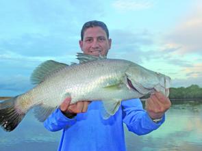 The author with a cold water snared Ballista barra. A lure that has proved very effective in places where the fish are hard to convince. 