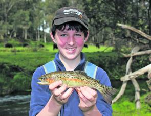 Will O'Connor nailed this lovely coloured rainbow trout on an unweighted scrub worm in a tributary of the Kiewa River. 