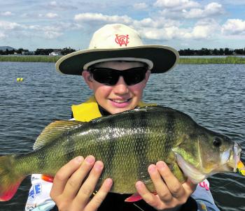 Brock Reed is another one of the keen young anglers coming through the ranks. He landed this horse of a redfin trolling Bullet lures in the main rowing channel on Lake Wendouree with his best mate Ben Cochrane. Photo courtesy of Ben Cochrane.