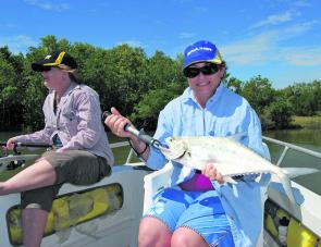 A school of fiery little queenfish provided plenty of fun for this group of anglers.