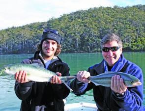 Mark and Tristan with some quality salmon from Pambula taken on bream tackle – great fun indeed.