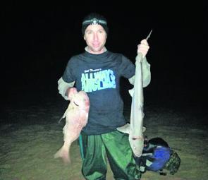 Clint Jones had a ripper session off the surf landing a decent snapper and a few gummies in the evening using squid legs.
