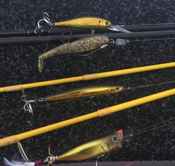 A selection of gold lures rigged and ready for a late arvo jack session, just prior to a storm front rolling through.