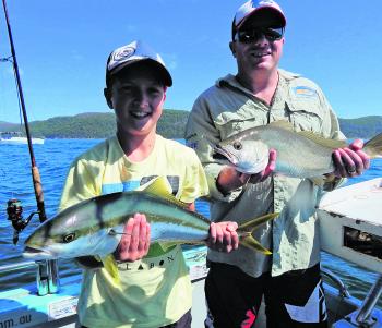 A kingfish and mulloway caught from the same bait ball down deep at Pittwater.