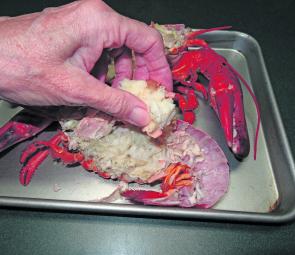 Chop the lobster meat into pieces and place it back into the half shells on a baking tray.