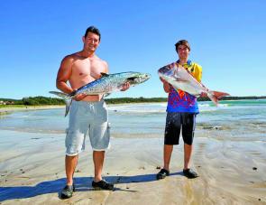 John and Mitch Maric with mackerel and snapper from their kayaks.