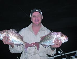 Numbers of pan size snapper will increase steadily as the waters warm. Rob Dean caught this pair recently on Zman DieZel MinnowZ.