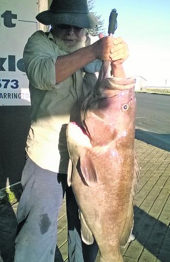 A 19kg bar cod taken from the deep water. These fish are biting 