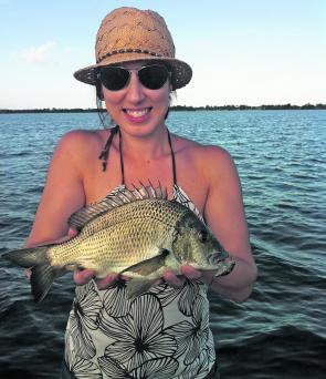 My wife Caroline with a fat 34cm bream that fell for a new Pro Lure S36.