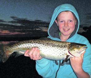 Benn Jeffrey with a 2kg Hepburn Lagoon brown trout. 