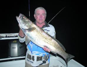 Mark Frendin with a mulloway from the18 fathoms. There will still be a few mulloway at night on deep fished live baits. Berley is the key and fish light. 